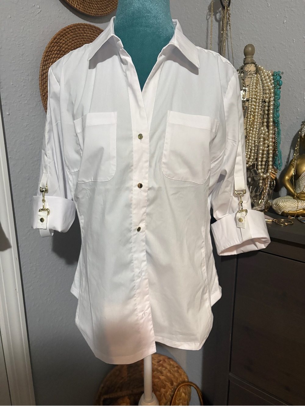 Crisp White Button-Front Roll-Sleeve Blouse Pl/Petite NWOT